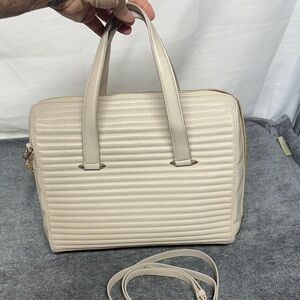 Celine Dion Vibrato Satchel Cream Quilted Leather Dbl Handle Removable with RFID